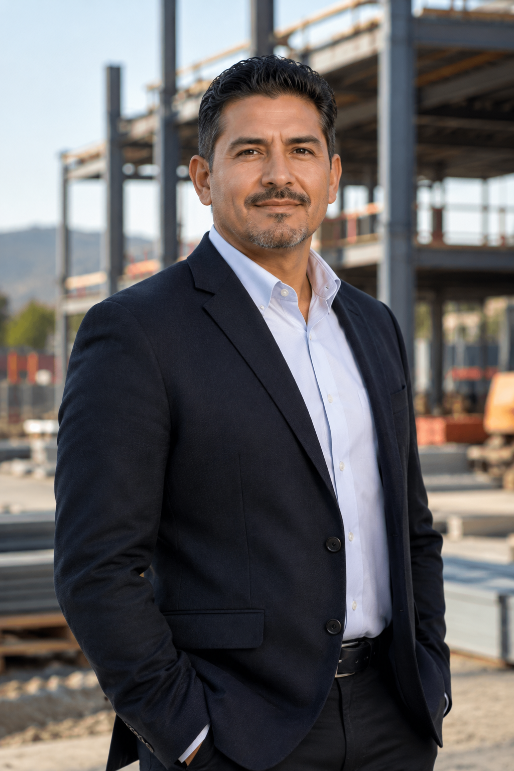 Portrait of a middle-aged Latino male construction operations director in a dark blazer at a modern California job site