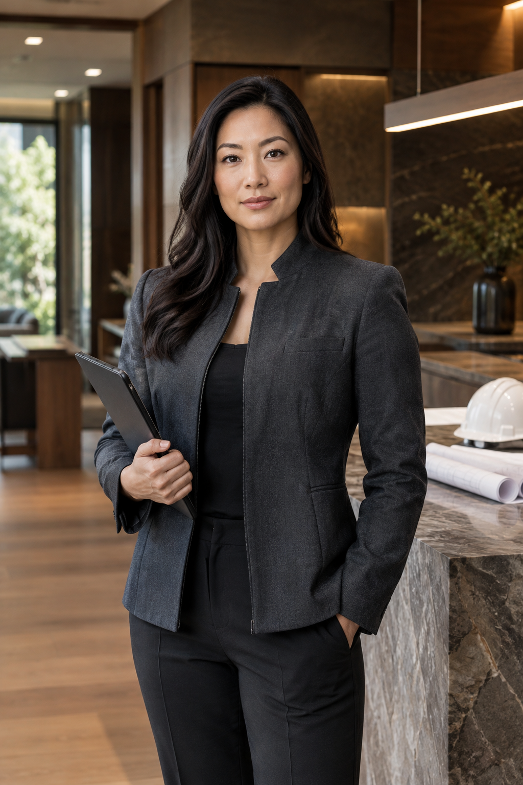 Portrait of an Asian female project quality lead wearing a tailored charcoal jacket with refined interior renovation background