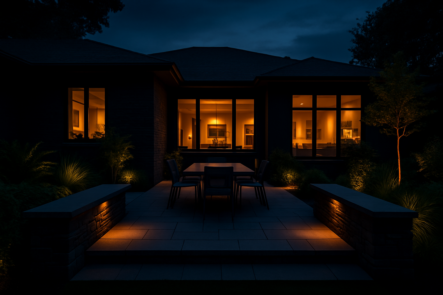 Upscale outdoor residential patio with modern hardscaping, dining furniture, warm interior lighting, lush greenery, and dusk sky
