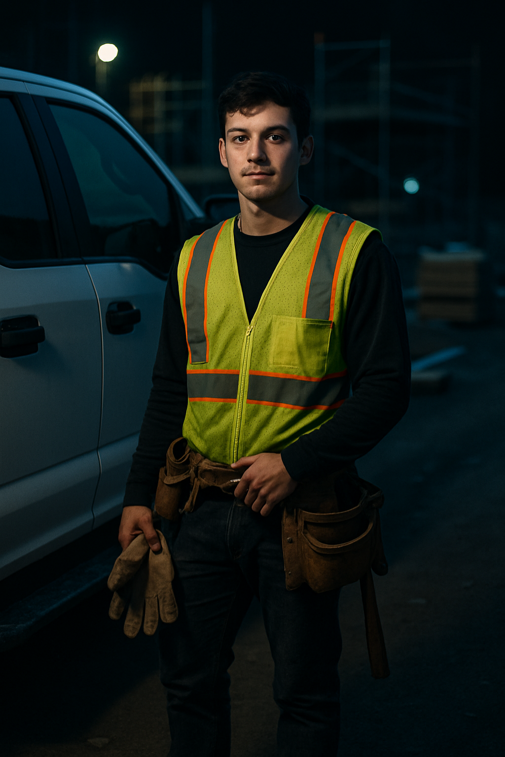 Young skilled tradesperson in workwear standing beside a work truck at an active construction site, holding tools with a confident expression
