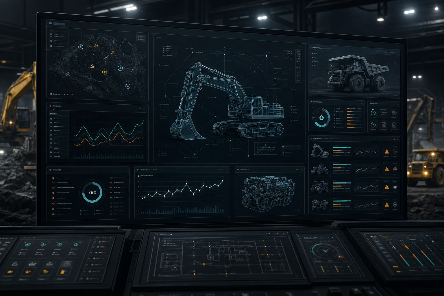 Abstract industrial AI systems dashboard with machinery telemetry panels, data graphs, and control-environment interface