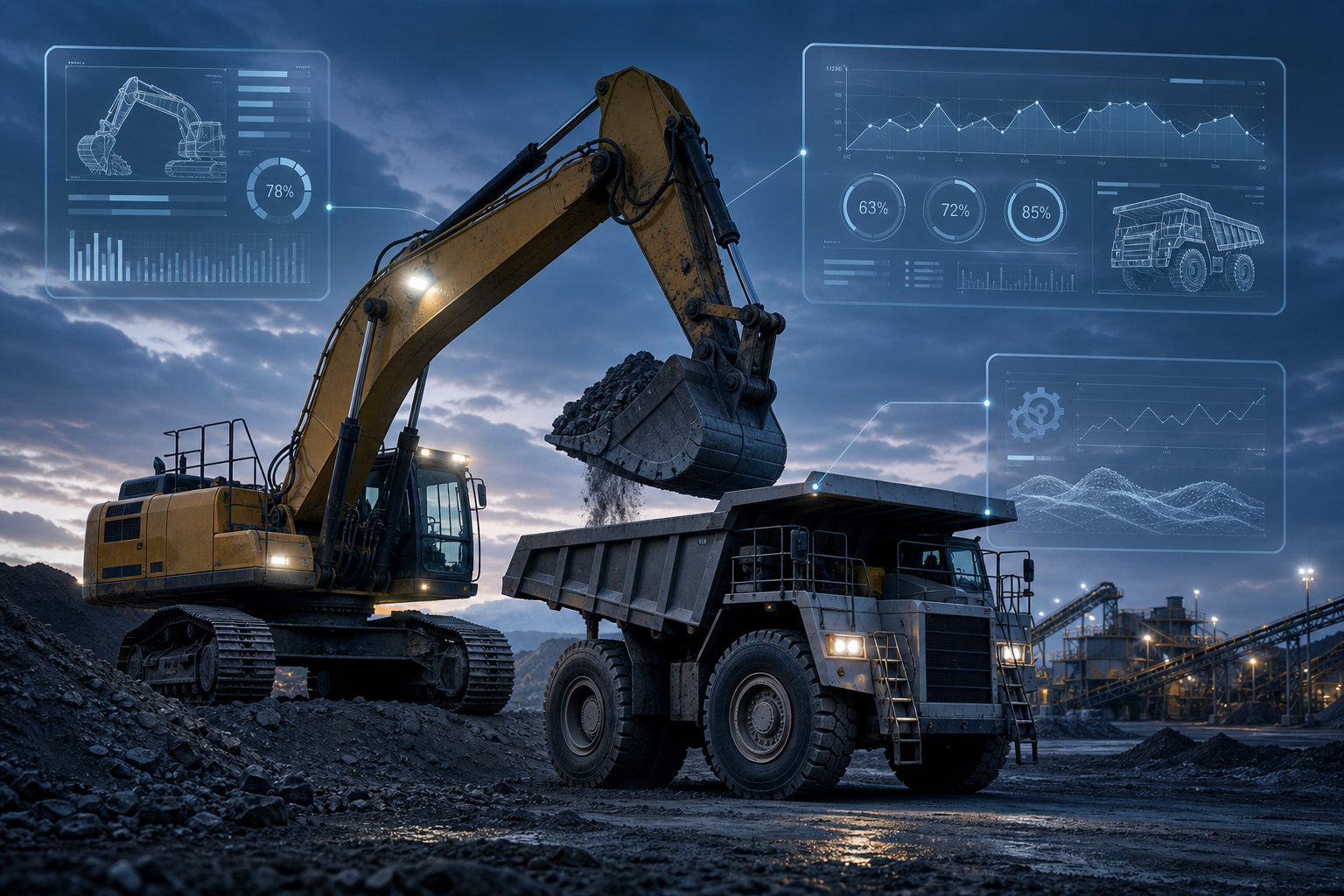 Large tracked excavator and haul truck in an industrial yard at dusk, with subtle holographic AI interface overlays showing performance graphs and equipment diagnostics