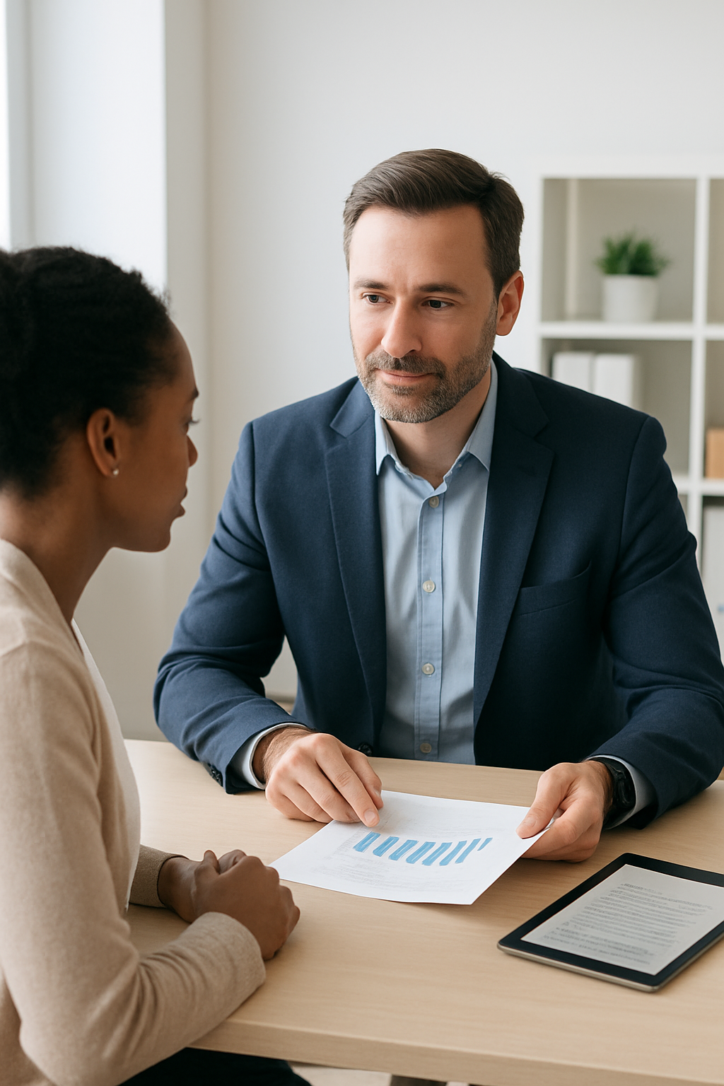 Professional credit consultant reviewing financial documents with a client in a bright modern office