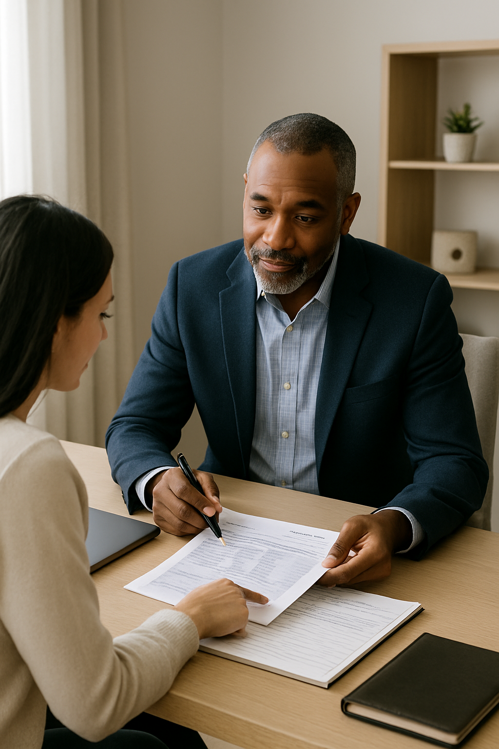 Financial consultant reviewing credit documents with a client across a desk in a modern office