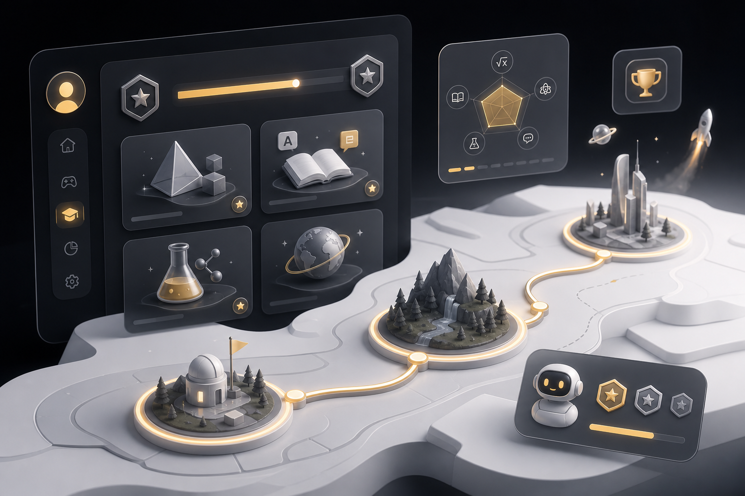 Abstract educational game interface with modular lesson map, progress path, and playful world nodes