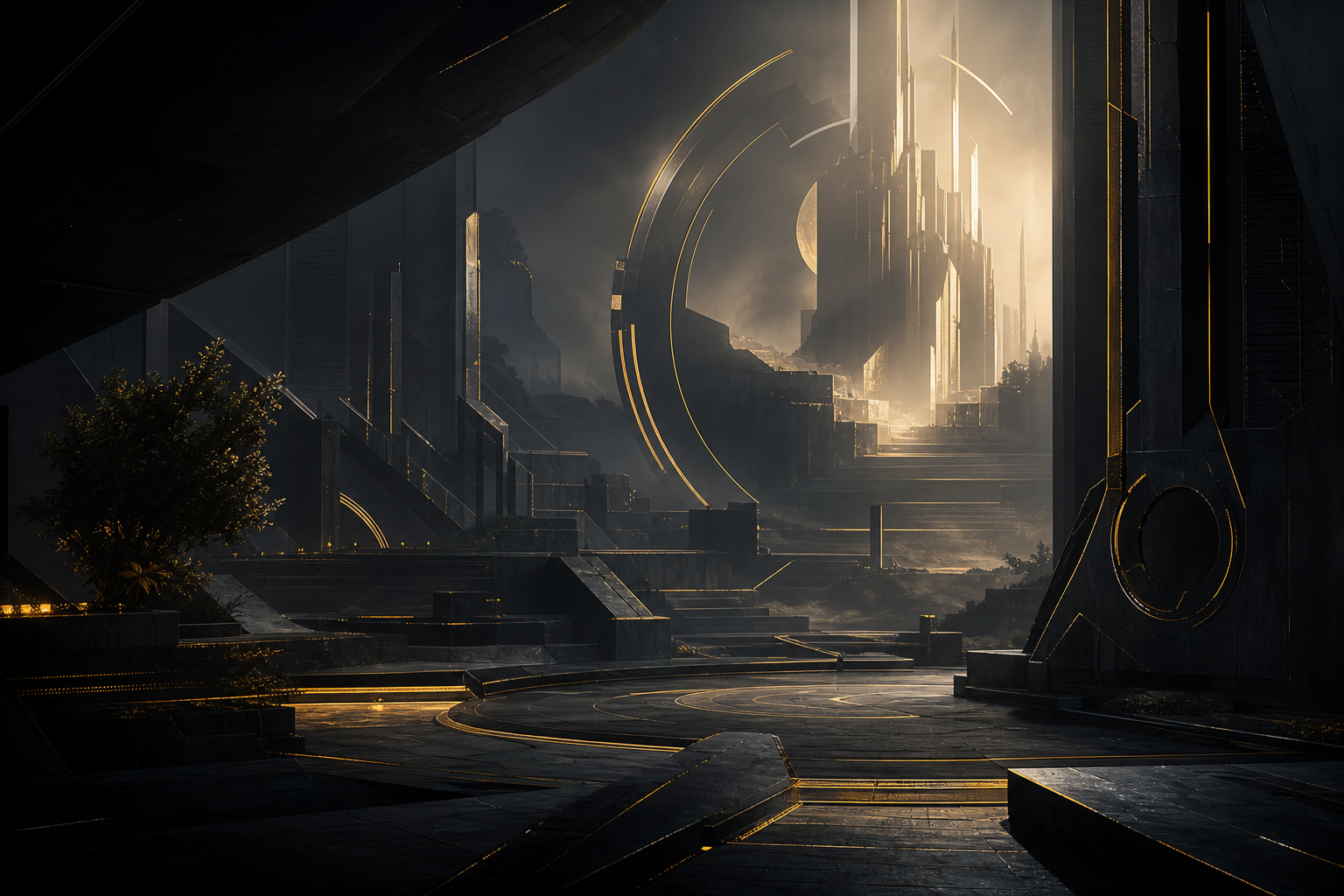 Premium abstract game-scene composition with layered sci-fi architecture, cinematic lighting, and atmospheric depth