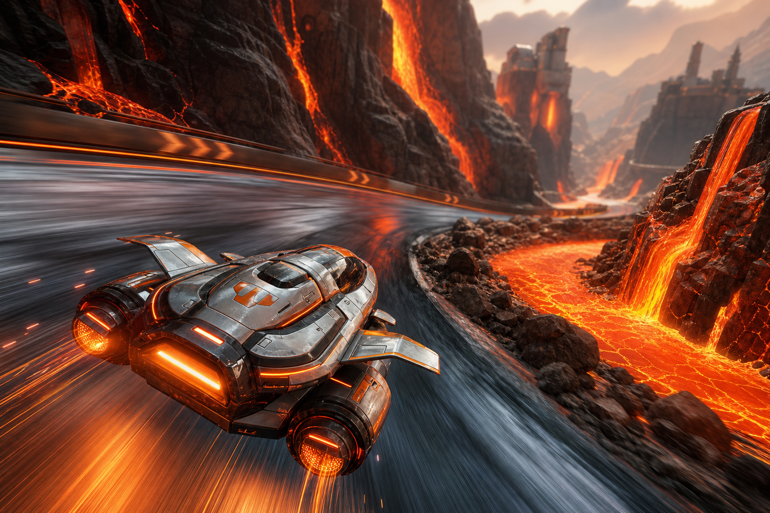 Gameplay visual for Cinder Loop showing a sleek mobile racing hovercraft drifting through volcanic canyon turns