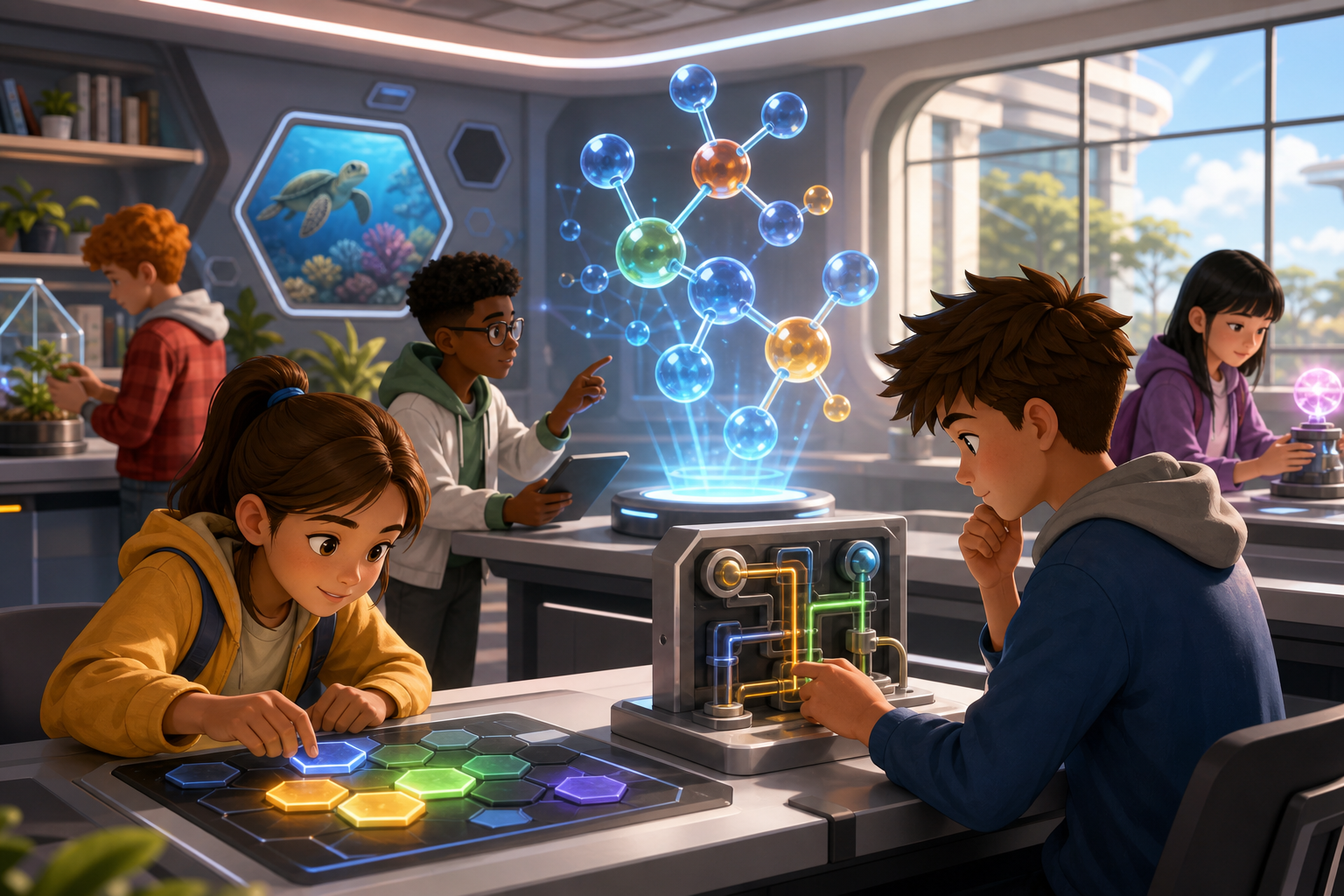 Educational game visual for Classroom Quest with students solving collaborative science puzzles in a bright interactive lab world