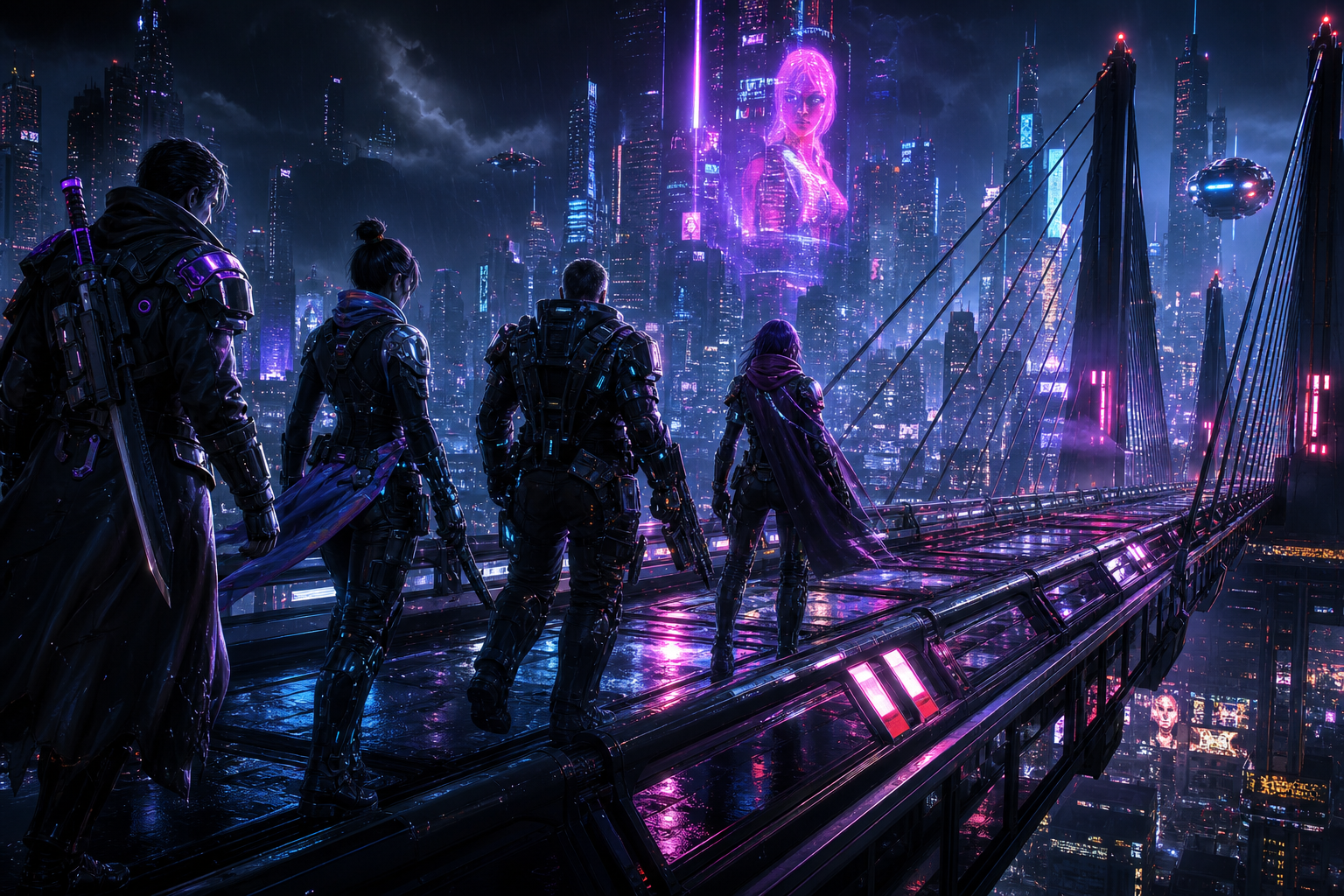 Cinematic key art for Neon Odyssey Protocol featuring a tactical sci-fi squad crossing a rain-soaked neon city bridge