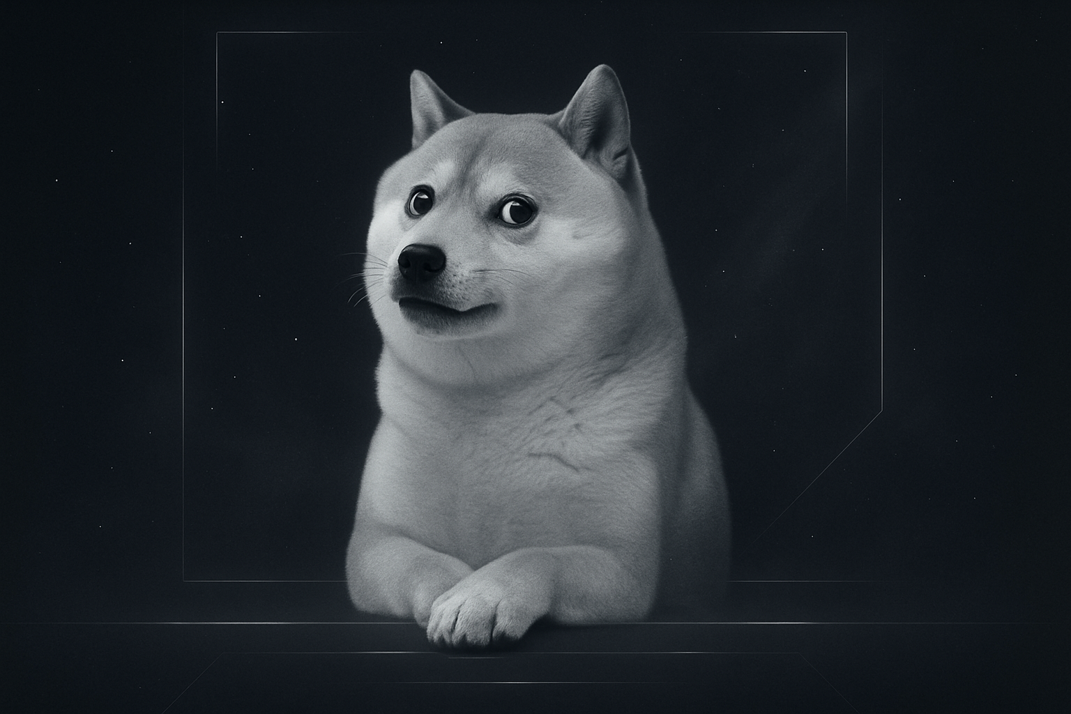 Kabosu-inspired Shiba Inu with iconic side-eye expression, gentle curious gaze, familiar eye spacing and angle, and instantly recognizable doge face; seated in the classic Kabosu posture with natural chest, front legs, and body proportions, within a solemn deep-space memorial scene with very subtle futuristic metallic accents