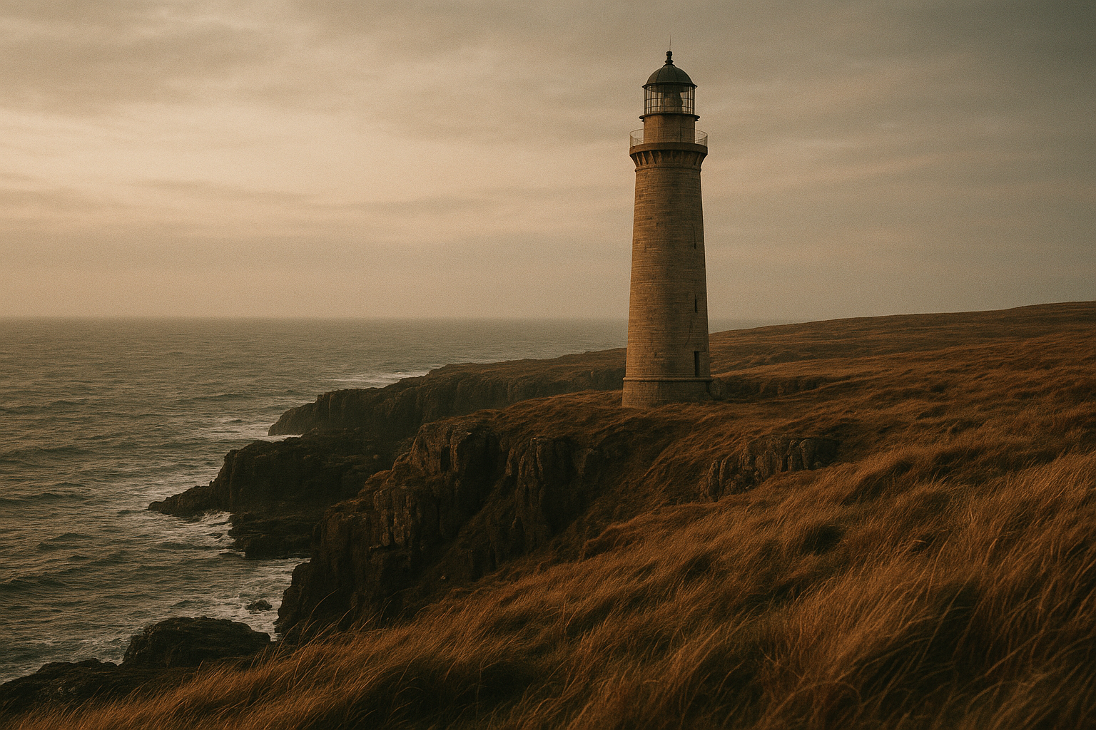 Historic lighthouse on a rugged northern shoreline at dusk with wind-shaped grass and sea spray