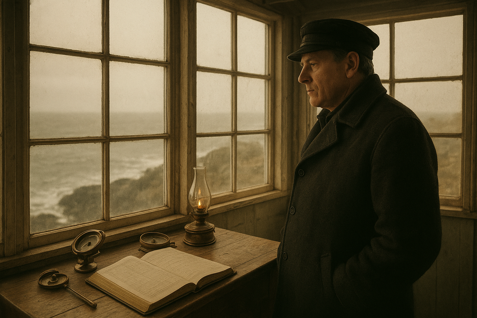 Archival-style scene of a lighthouse keeper in a wool coat standing near a lantern room workbench, with logbook pages, brass instruments, and a rocky northern shoreline visible through salt-fogged windows