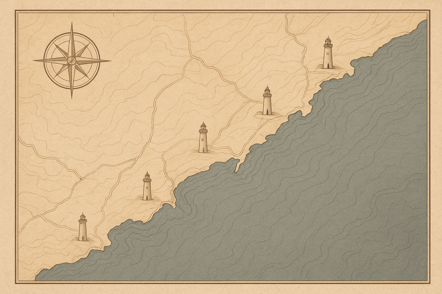 Illustrated northern coastline map with preserved lighthouse locations, muted paper tones, and hand-drawn shoreline linework