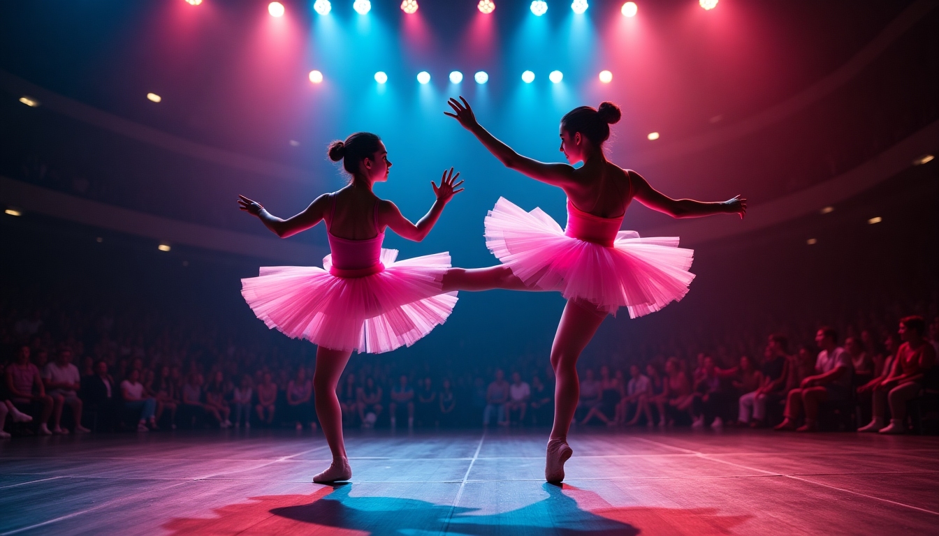 Two ballerinas mid-fight on a grand theater stage, one executing a dramatic pirouette kick while the other blocks with a graceful pose, both wearing vibrant neon-accented tutus, with an audience in awe and spotlights creating dynamic shadows.