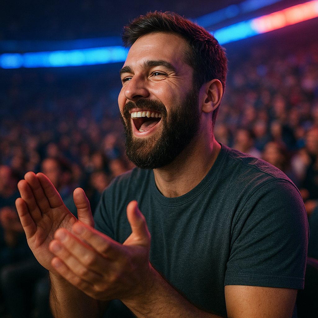 Bearded man laughing and clapping in audience