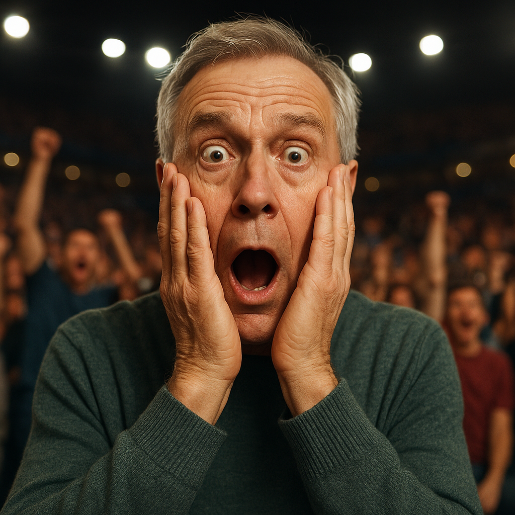 Older man with shocked expression, hands on cheeks