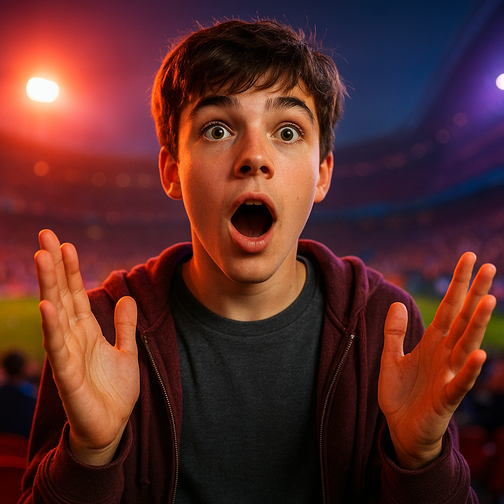 Teenager gasping and wide-eyed, hands up in excitement