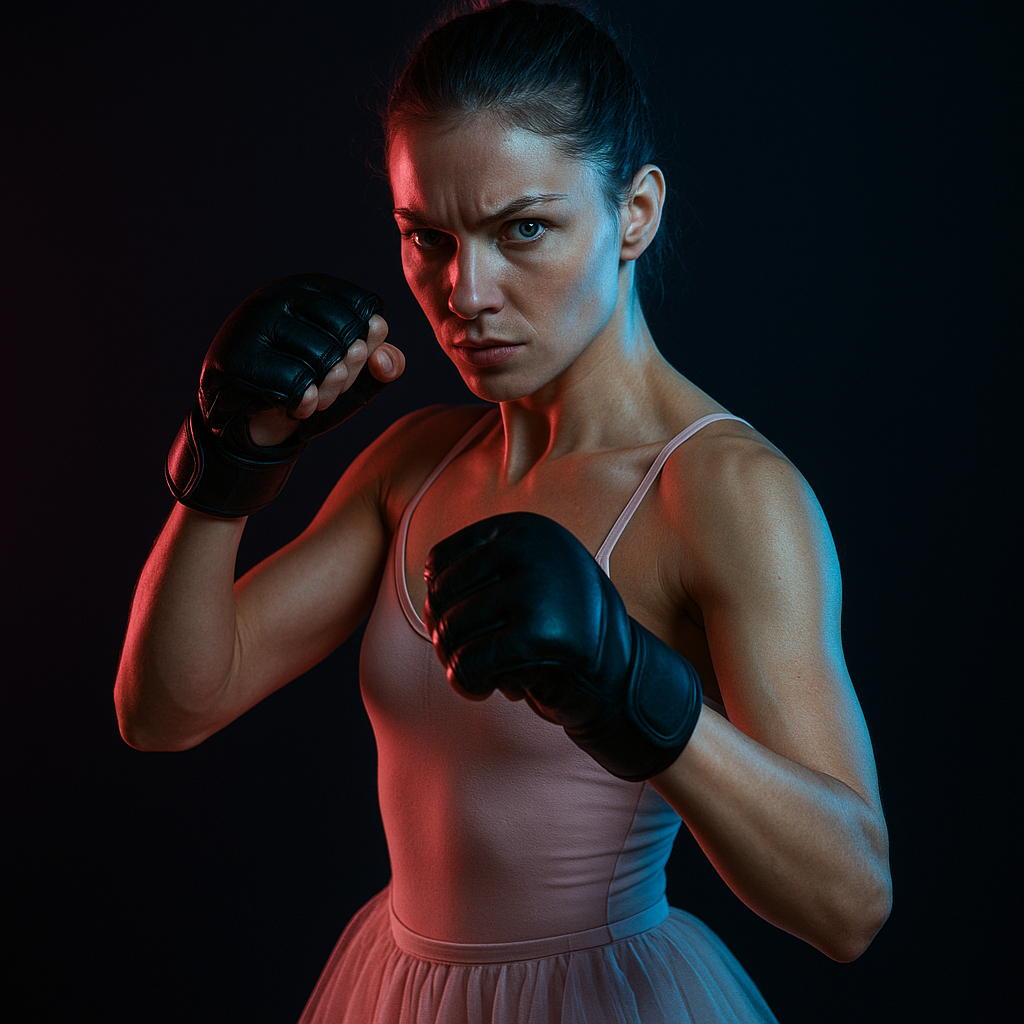 Professional ballerina in fighting stance, gloves over ballet costume, neon rim lighting