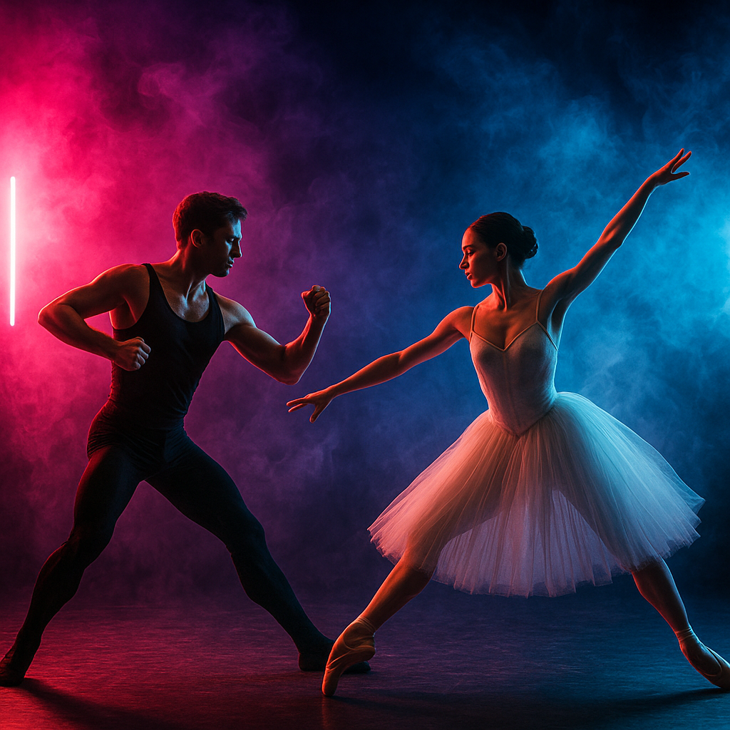 Ballet fight on stage with dramatic neon lighting and smoky atmosphere