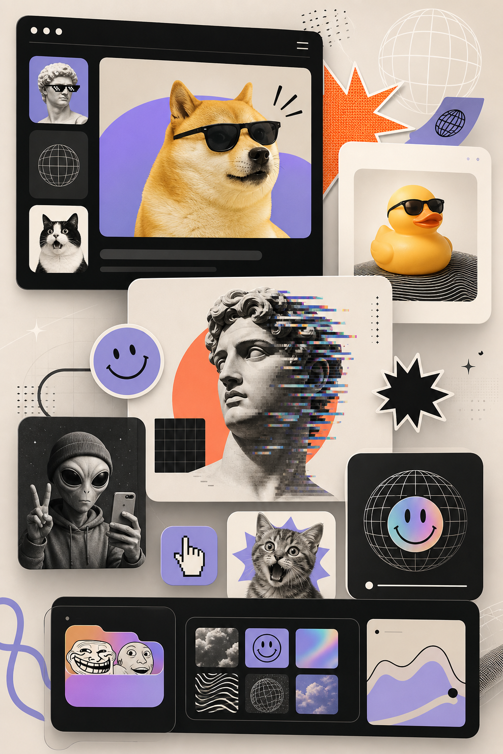 Editorial digital collage scene with meme-inspired symbols, layered interface cards, and creative project preview panels in a clean modern style
