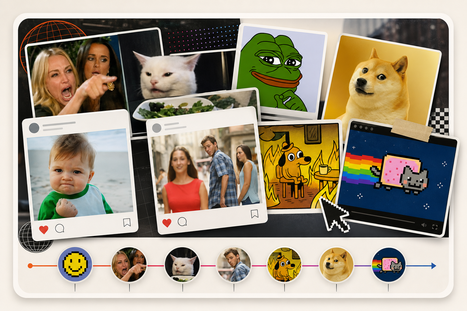 Preview collage of a meme timeline project with layered screenshots, playful captions, and editorial card styling