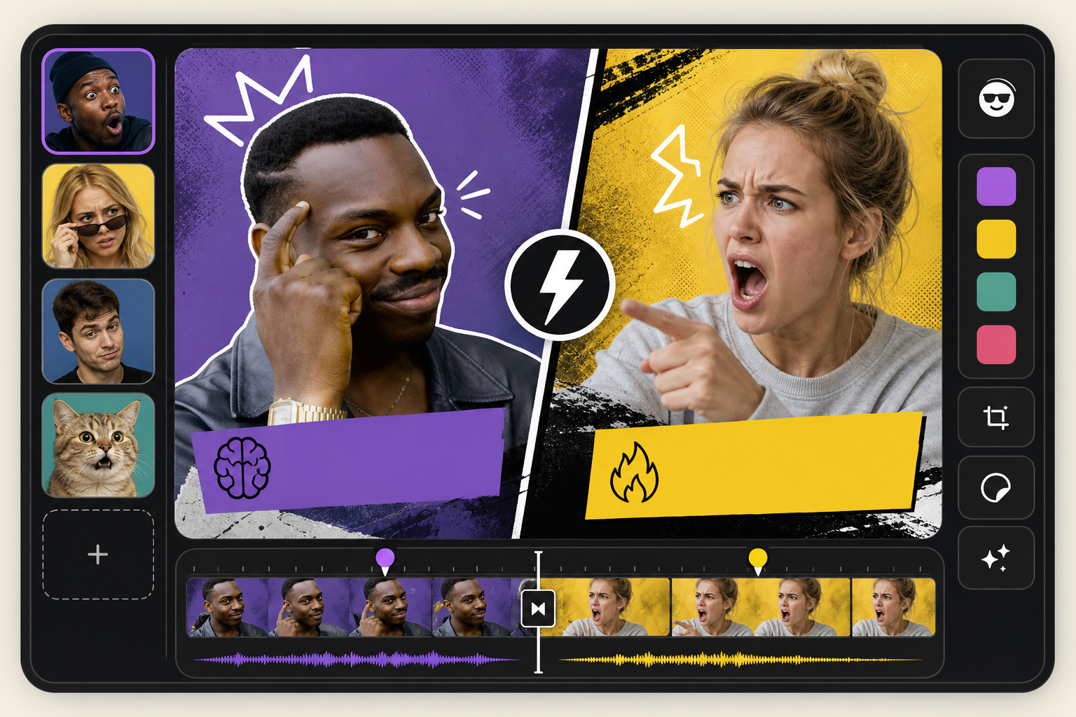 Preview board of reaction meme remixes with split-panel layouts and bold subtitle treatments