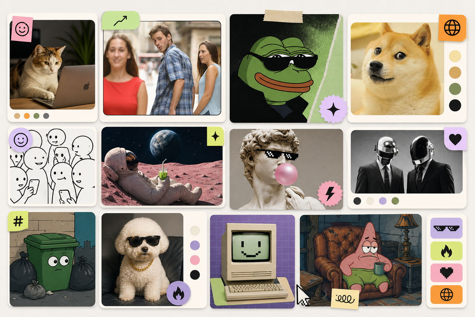 Preview of themed meme moodboard cards arranged in a polished digital gallery with color-coded tags