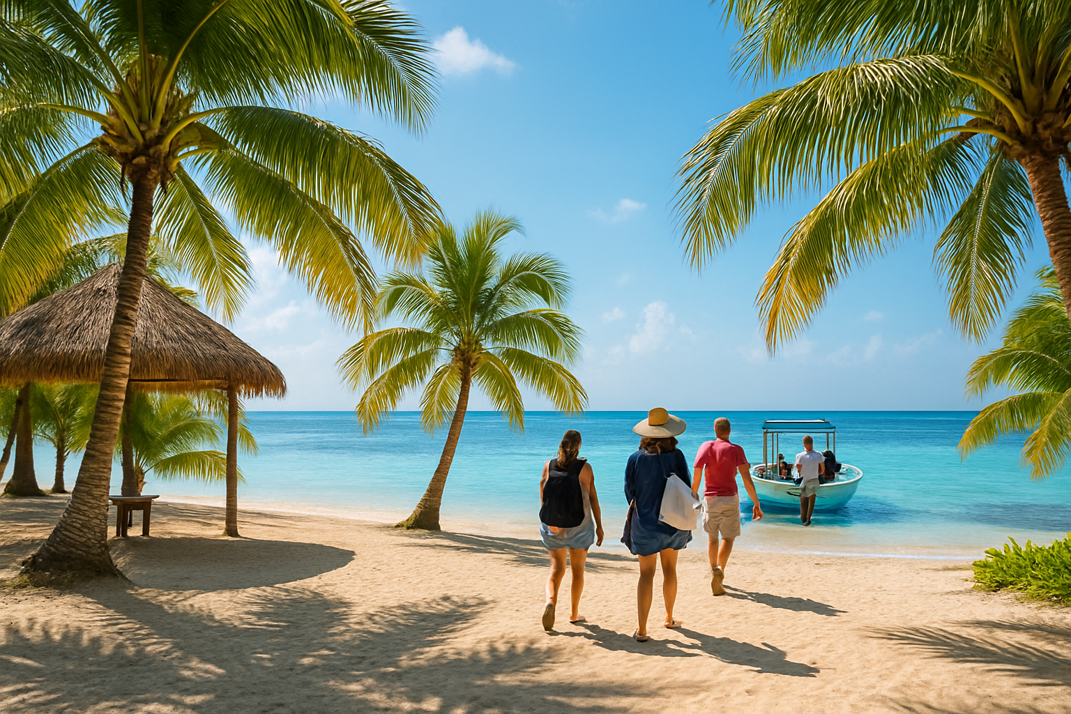 Palm-lined beach in Mahahual with a shaded pickup area and guests walking toward the boat