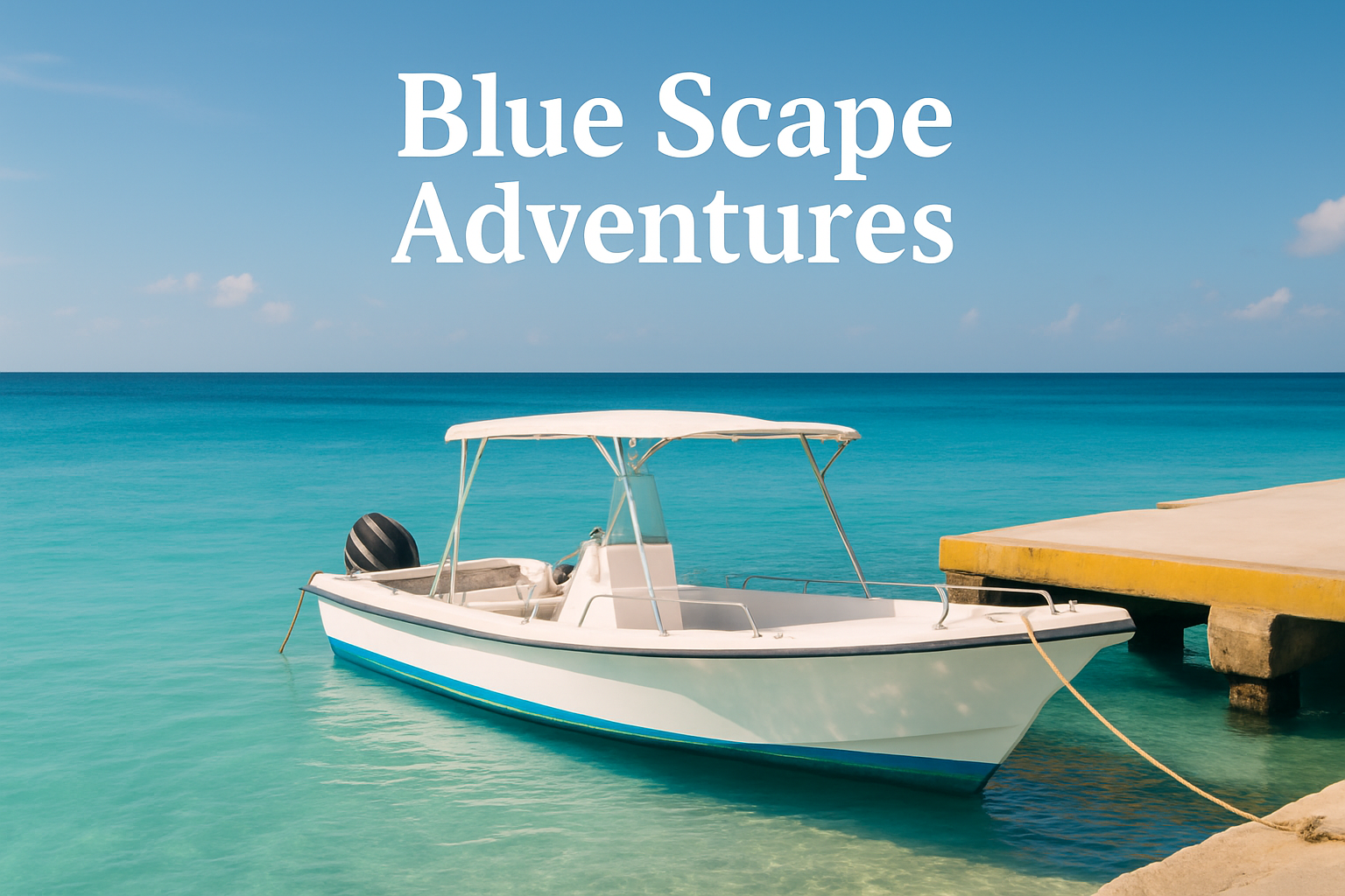 Bright white snorkel boat with teal trim docked in Mahahual with the Caribbean horizon behind it