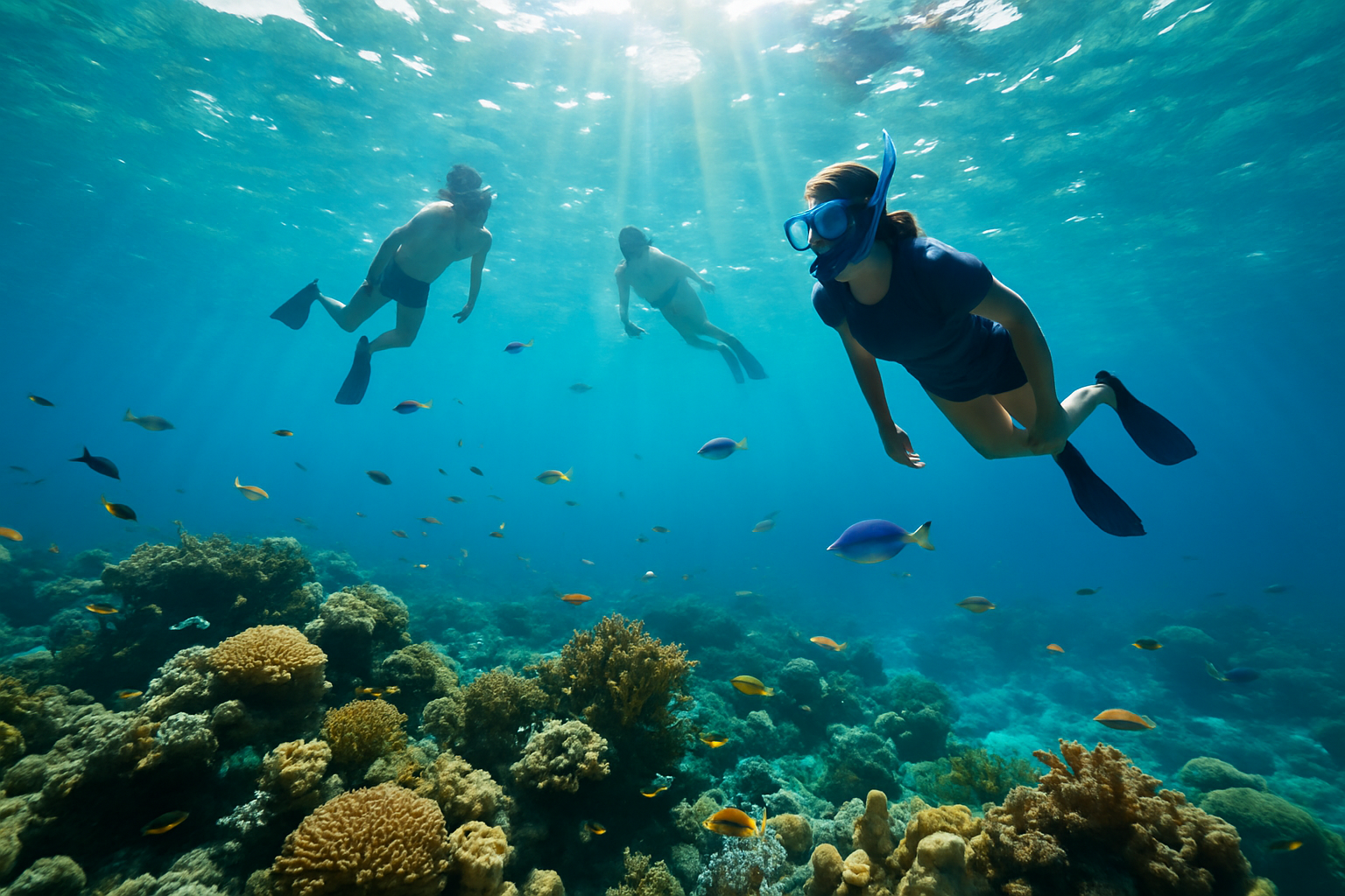 Underwater view of turquoise reef with colorful fish and a few snorkelers above