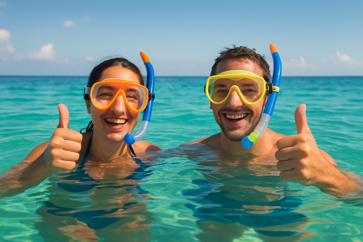 Two happy snorkelers in bright masks floating on calm turquoise water giving a thumbs up