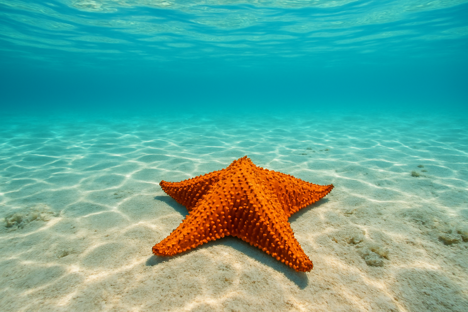 Close-up of a coral-studded seabed with a large orange starfish and clear sunlit water