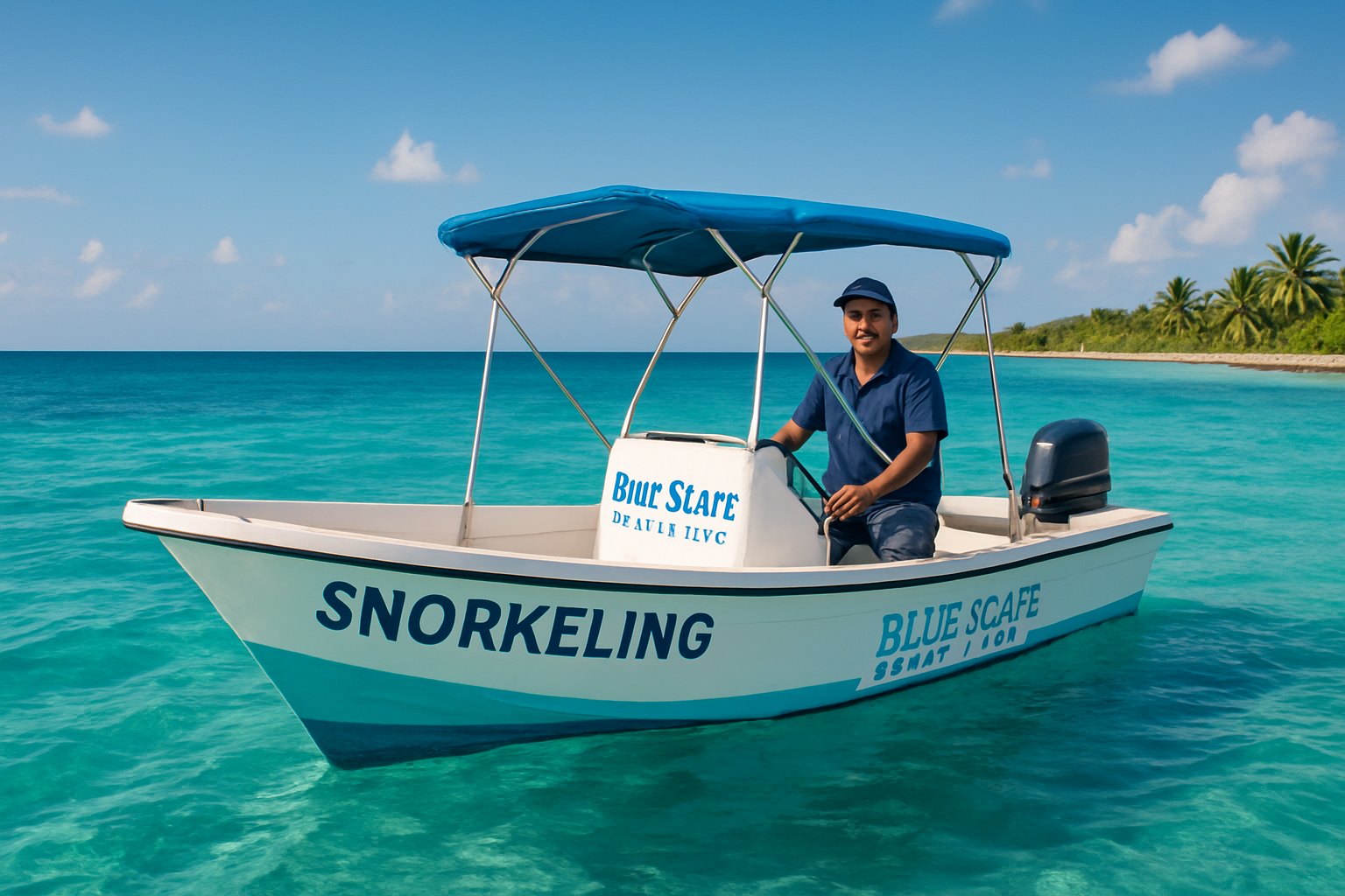 Local captain guiding a small snorkeling boat across turquoise Caribbean water near Mahahual