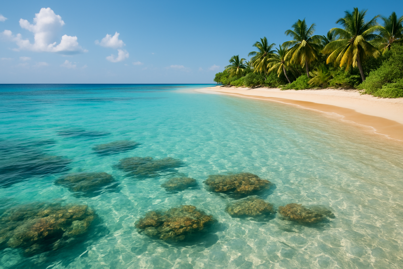 Crystal-clear Mahahual cove with shallow turquoise water, coral patches, and sandy beach