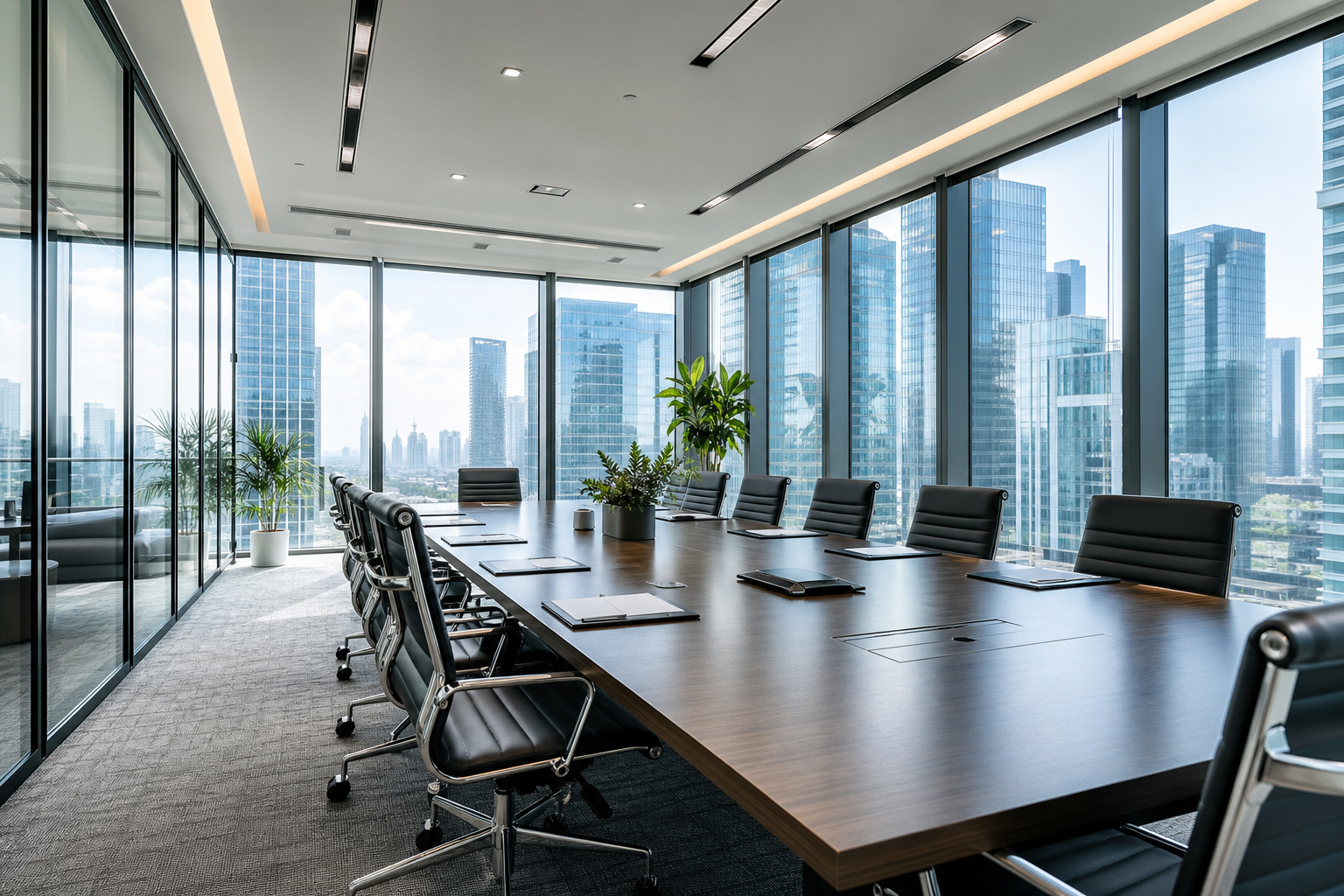 Modern corporate boardroom with a long table, glass walls, and city skyline reflections, staged for a professional business meeting