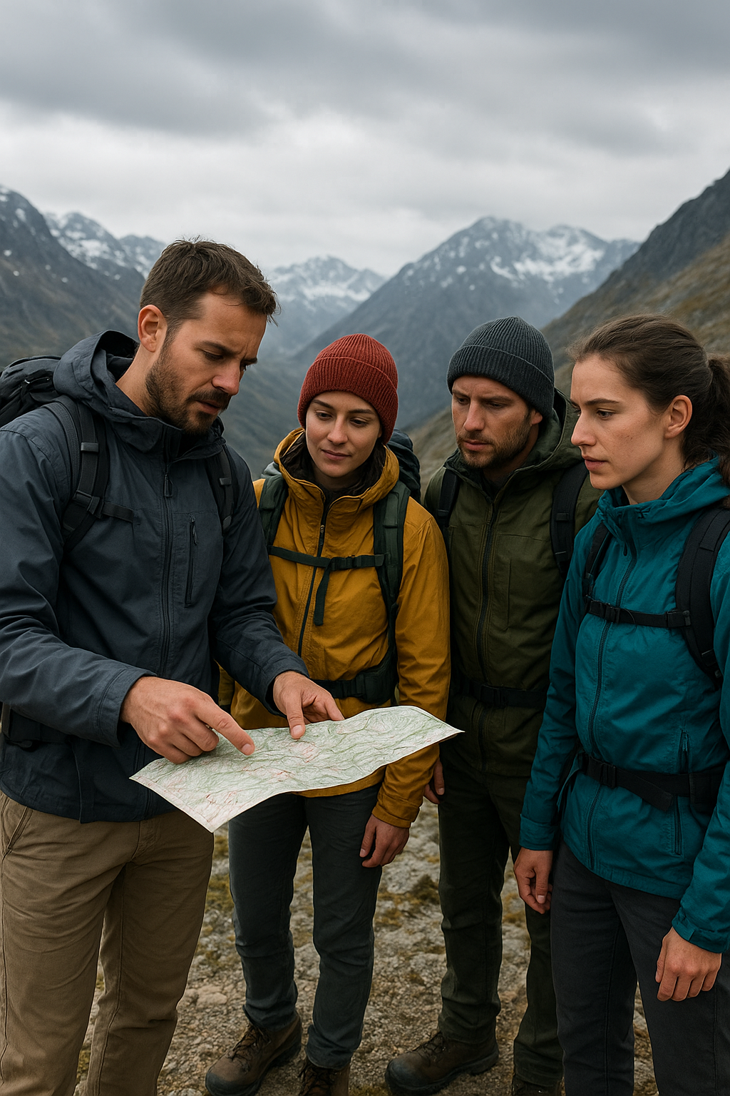 Mountain guide reviewing a trail map with trekkers on an alpine route