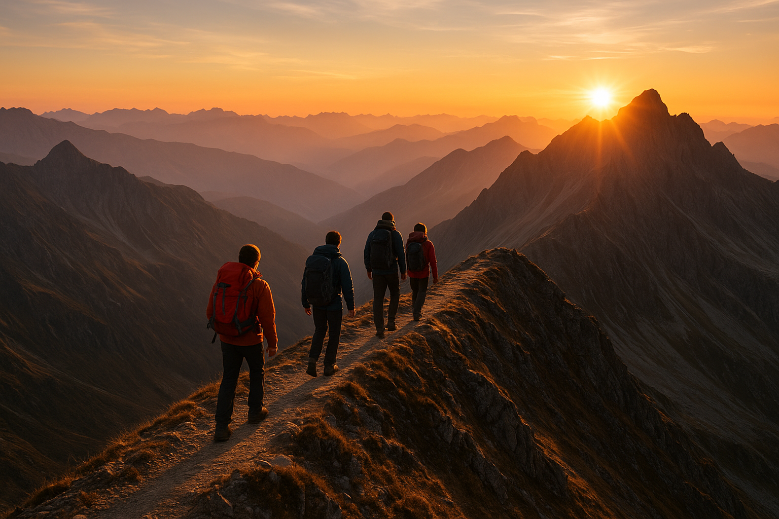 Dramatic alpine landscape at sunrise with hikers moving along a high ridge, layered mountain peaks, and crisp morning atmosphere