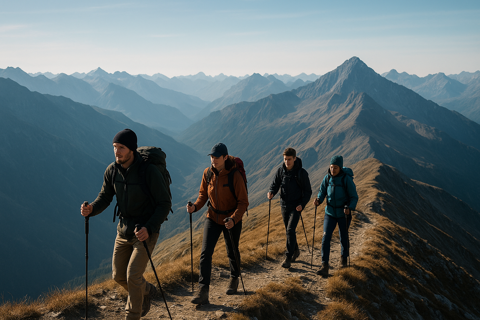 Panoramic mountain trail with a mixed-skill trekking group guided along an alpine ridge