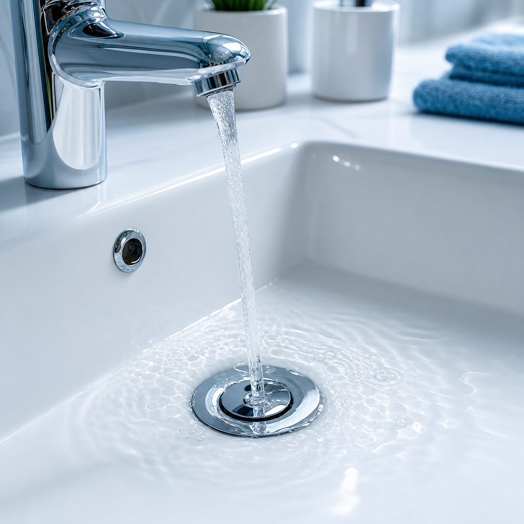 Clean, clear bathroom sink drain with water flowing smoothly and no residue