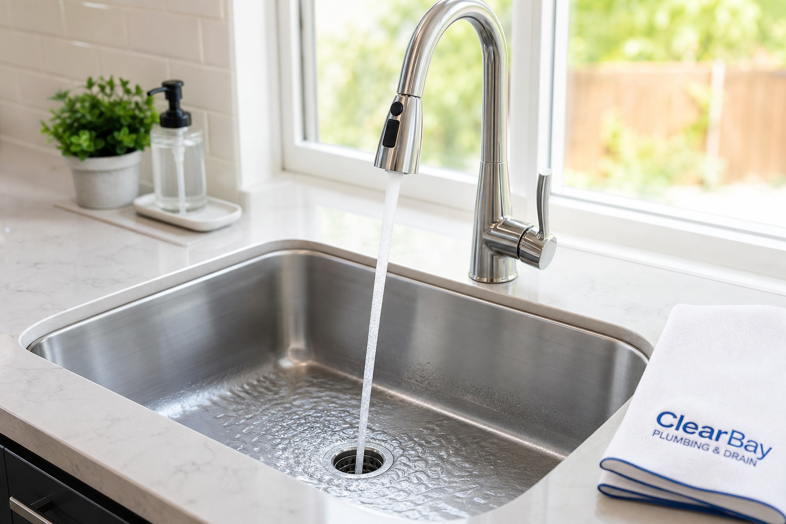 Sparkling clean kitchen sink draining freely after repair