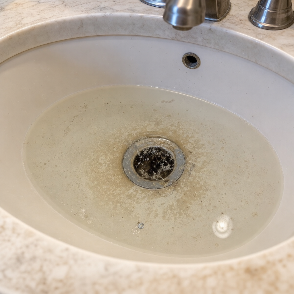 Close-up of a clogged bathroom sink drain with standing water and visible residue around the drain