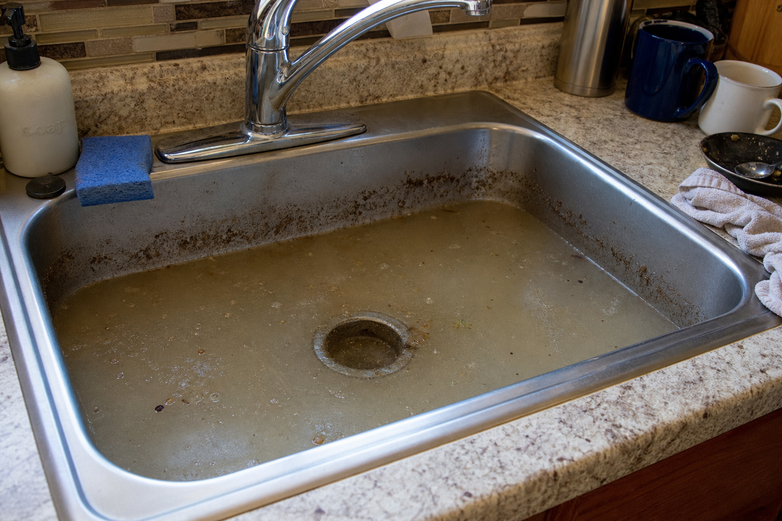 Clogged kitchen sink with standing water and visible grime