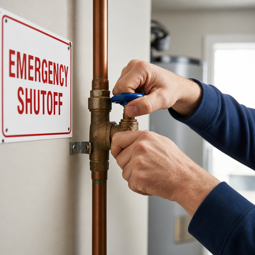 Homeowner turning off a main water valve with a labeled emergency shutoff sign