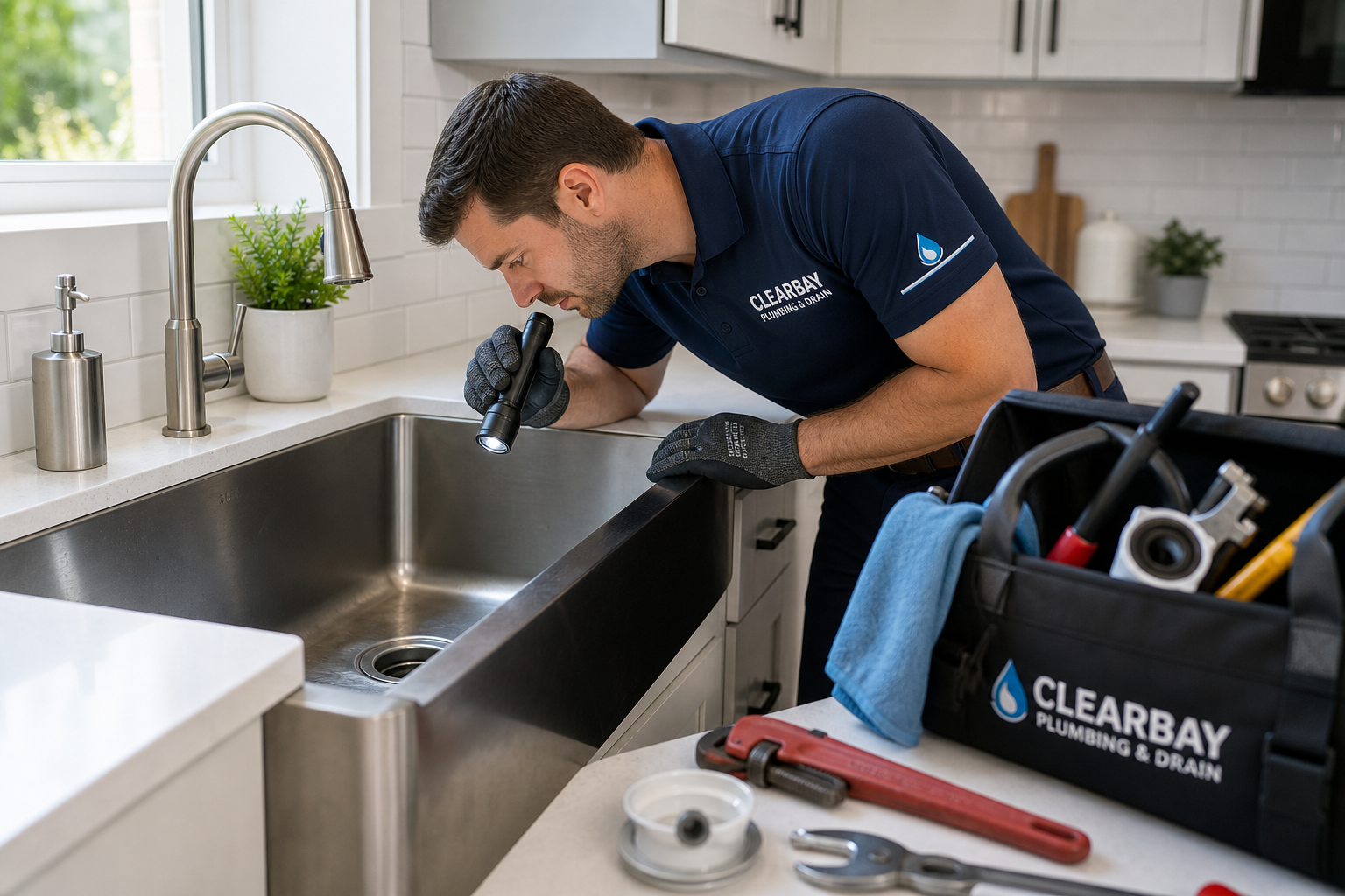 Plumber inspecting a stainless kitchen sink drain with a flashlight and tools on a clean countertop