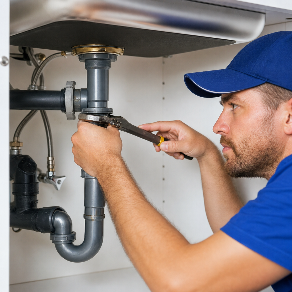 Close-up of a plumber tightening a pipe fitting with a wrench under a sink