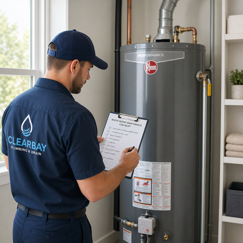 Technician reviewing a water heater checklist beside a modern tank in a utility room