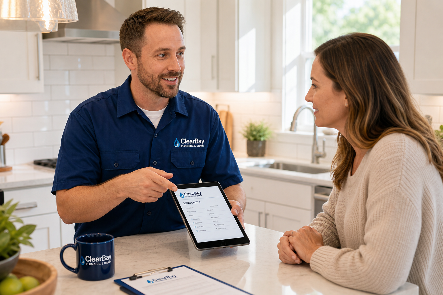 Plumbing technician speaking with a homeowner at a bright kitchen counter, showing service notes on a tablet