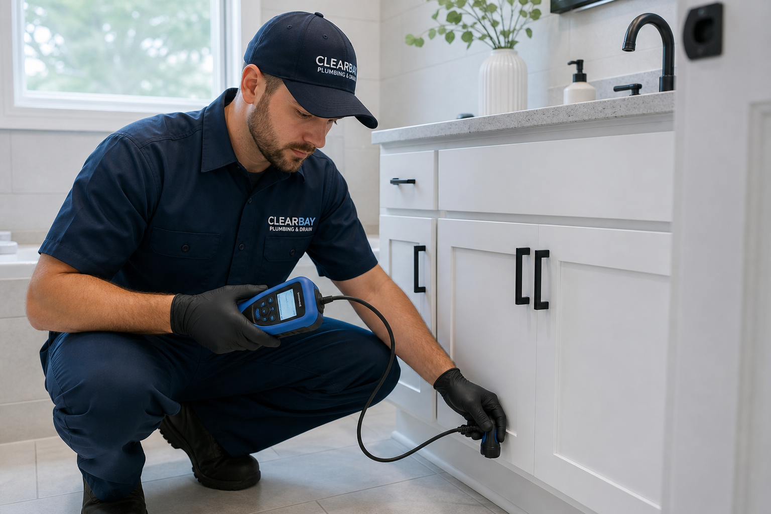 Plumbing technician using a handheld detector to locate a hidden leak in a residential bathroom