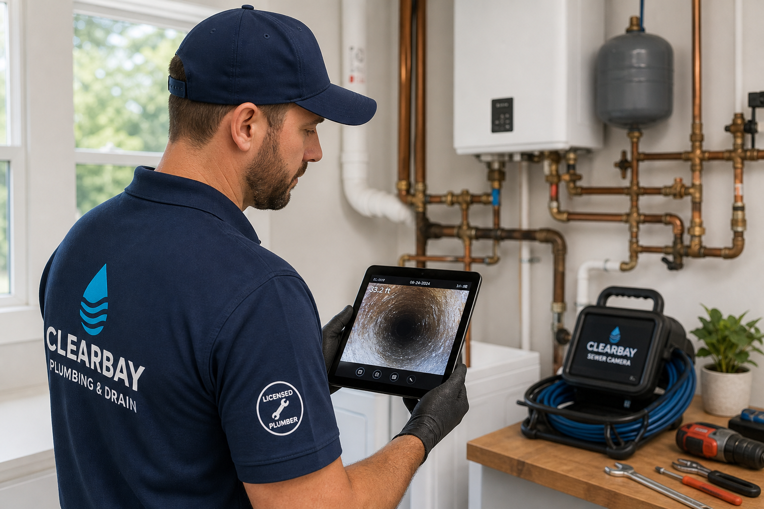 Licensed plumber reviewing a sewer line camera inspection display in a clean residential utility room
