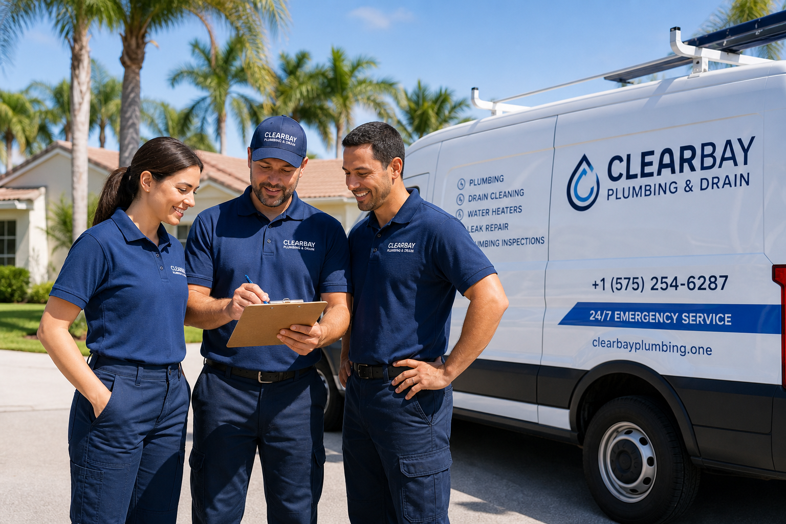 ClearBay Plumbing team in branded uniforms reviewing a work order beside a service van in a Florida neighborhood